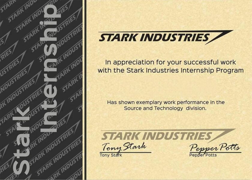 custom stark industries internship certificate