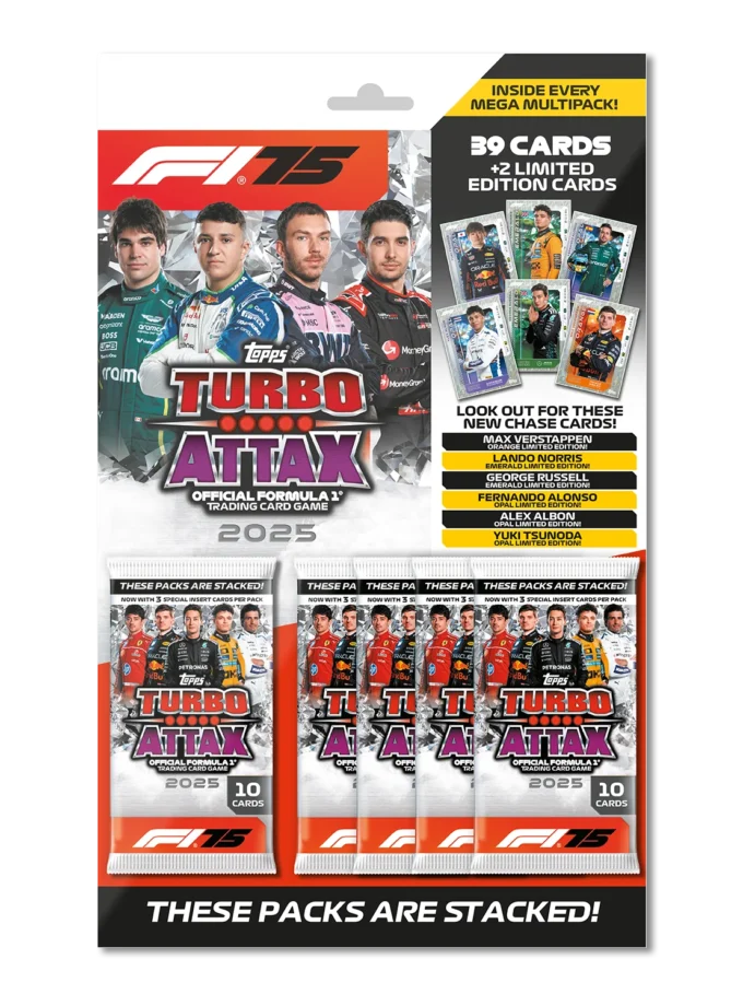 Topps Turbo Attax Formula 1® 2025 - Mega Multipack - contains 39 Turbo Attax cards plus 2 random Limited Edition cards.